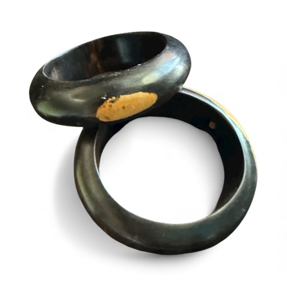 Set Of 2 Ebony Black Wood Bangle Bracelets 2-Tone Inlaid Boho Handmade 0.5"x6" - Picture 6 of 9